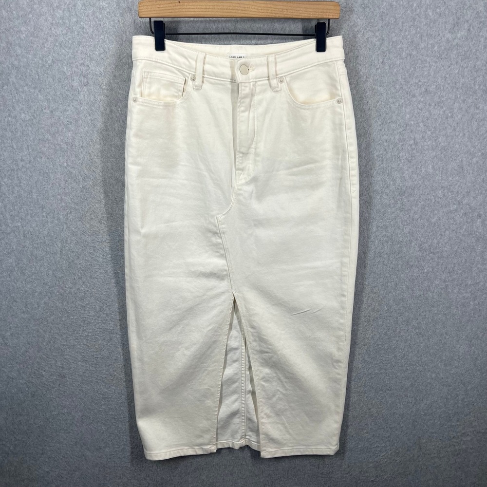 Good American Slit Front Midi Skirt Womens 8/29 White Denim High Rise EUC